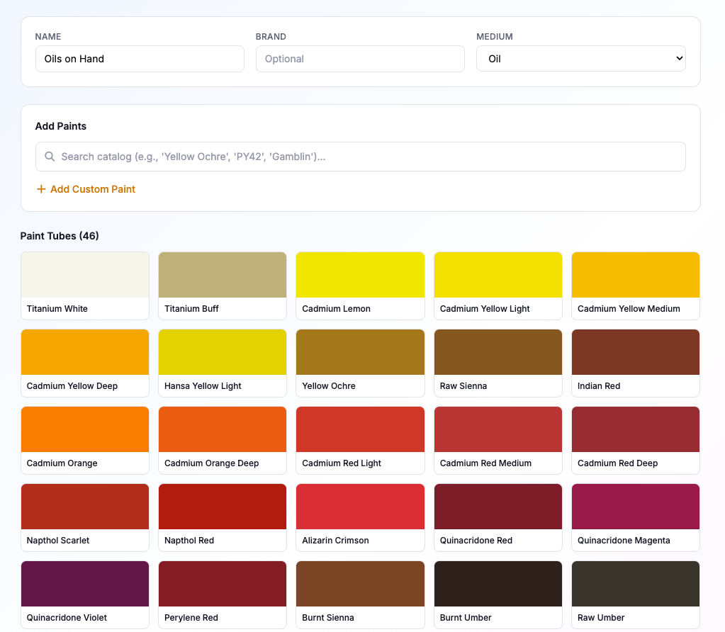 HueMixy palette manager showing an Oils on Hand custom palette with 46 paint tubes including Titanium White, Cadmium Yellow Light, Yellow Ochre, Cadmium Red Light, Alizarin Crimson, Burnt Sienna, and Raw Umber