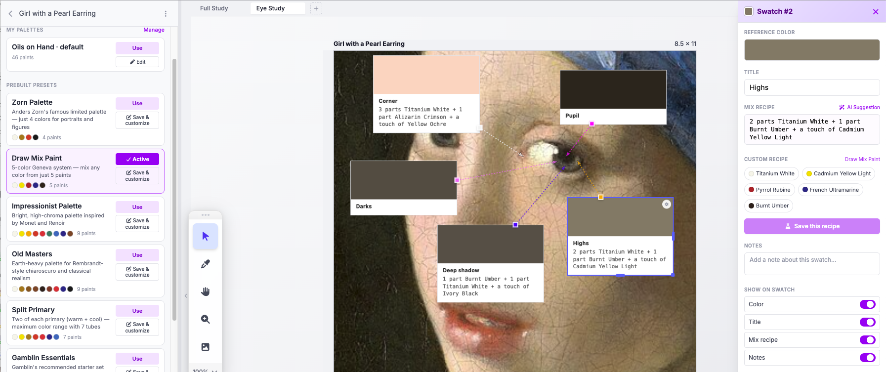 HueMixy multi-page artboard tabs showing a Full View page and an Eye Study page with zoomed in labeled swatches for Corner, Pupil, Eye Shadow, and Reflex on Vermeer's Girl with a Pearl Earring