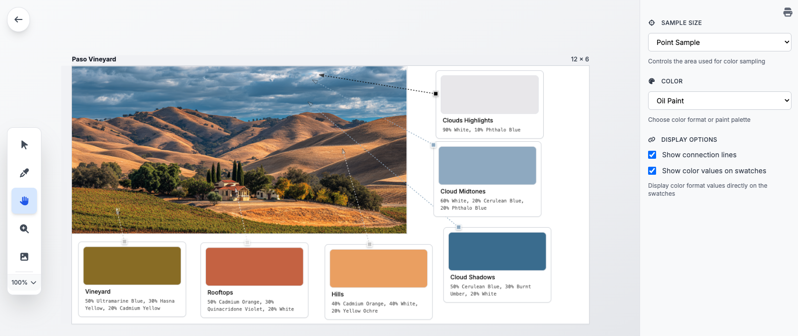 HueMixy showing color mix formulas for landscape painting with swatches