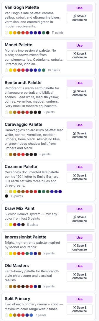 HueMixy preset palette library showing Van Gogh, Monet, Rembrandt, Caravaggio, Cezanne, Draw Mix Paint, Impressionist, Old Masters, Split Primary palettes