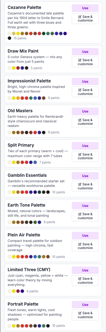 HueMixy preset palette library continued showing Cezanne, Draw Mix Paint, Impressionist, Old Masters, Split Primary, Gamblin Essentials, Earth Tone, Plein Air, Limited Three, Portrait palettes