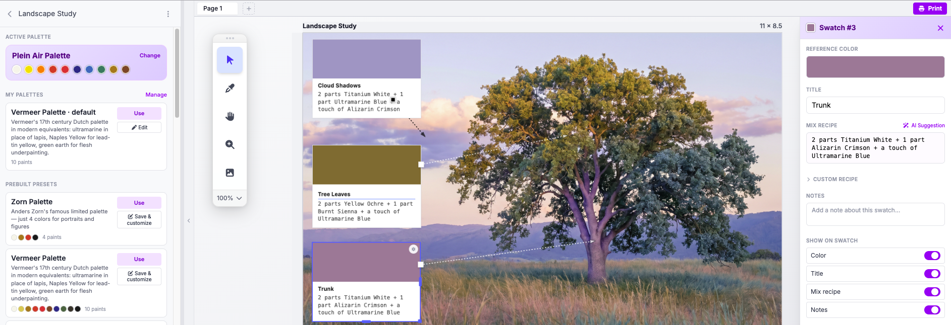 HueMixy color study of an oak tree at golden hour with labeled swatches showing the trunk mixed from Titanium White plus Dioxazine Purple plus Ultramarine Blue (not brown), cloud shadows, and tree leaves with their painter-language mix recipes