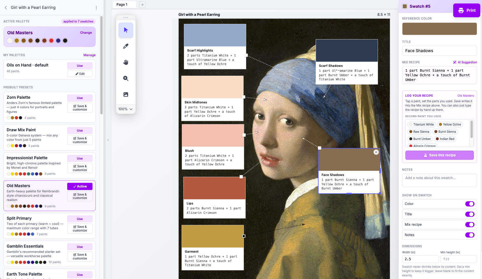 HueMixy color study of Vermeer's Girl with a Pearl Earring with labeled swatches and mix recipes